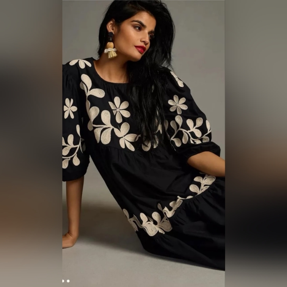 NWT | Anthropologie Embroidered Puff-Sleeve Midi Dress | Size S